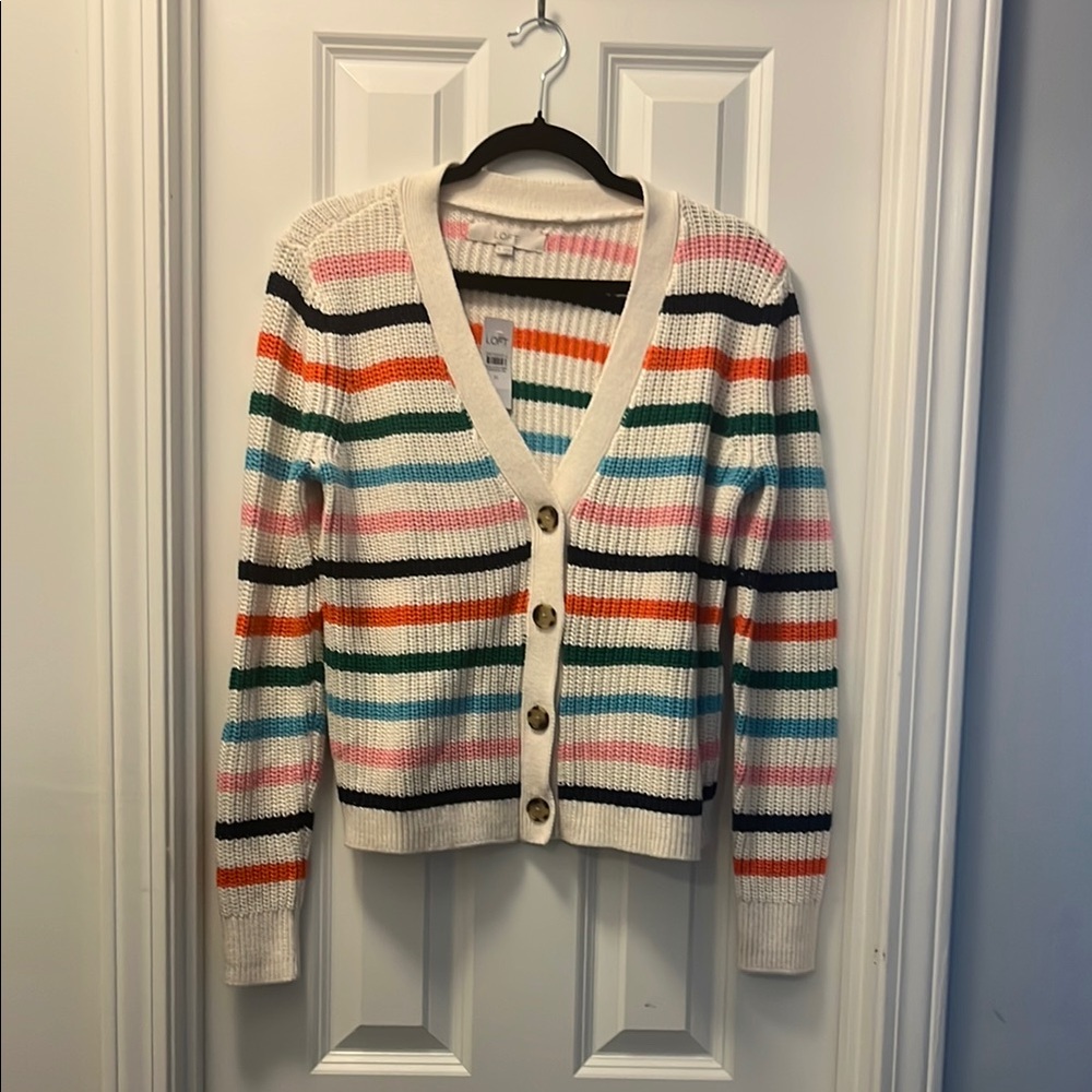 LOFT White and Black Cardigan Sweater V-Neck